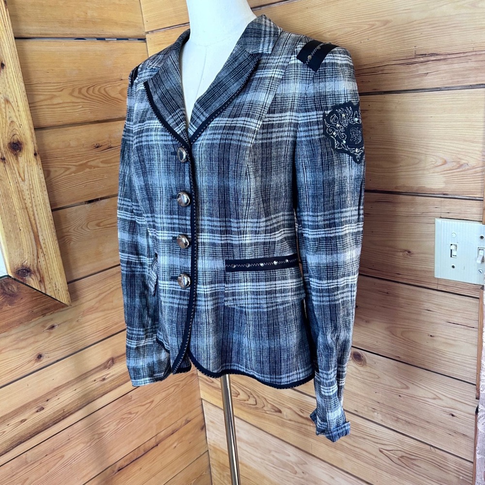 Vintage Plaid Blazer Women Large Grey Crest Patch Rhinestone Trim Airfield